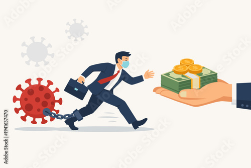 Businessman in Mask Running Towards Financial Aid and Stimulus Package While Chained to Coronavirus Cell, Concept of Economic Recovery, Government Support, and Business Help During Pandemic.