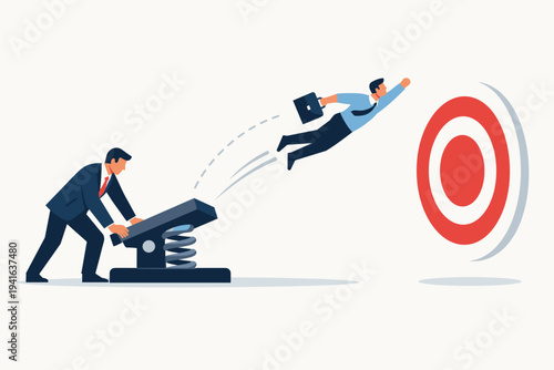 Business Leader Launching Employee from Springboard Towards Target Goal, Concept of Teamwork, Support, and Career Success, Professional Growth and Strategic Achievement in Corporate Environment