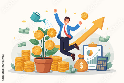 Successful Businessman Jumping for Joy with Money Tree Growing in Pot, Stacks of Gold Coins, Rising Arrow, and Financial Charts Representing Profitable Investment, Wealth Growth, and Success.