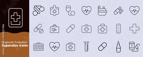 Therapeutic Procedure Apparatus icons silhouette boundle and Featuring Injection Capsule Thermometer Cardiac Rhythm Monitor And 
various, minimalist style Laboratory Testing Elements for Websites, App