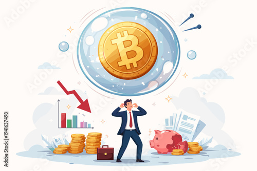 Bitcoin Cryptocurrency Bubble Risk Concept with Stressed Businessman Facing Financial Market Crash, Investment Speculation, Economic Crisis, and Debt Balloon Ready to Pop with Needles Illustration