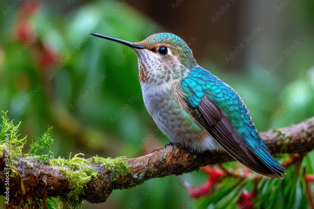 Fototapeta premium Hummingbird Perched on Mossy Branch