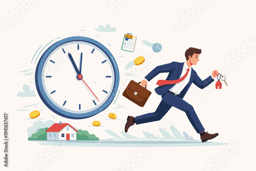 Businessman Real Estate Agent Running Fast Against Time with House Keys and Briefcase, Concept of Deadline, Property Sales, Mortgage Investment, and Time Management in Flat Vector Illustration