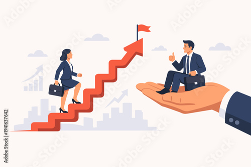 Ambitious Businesswoman Climbing Red Arrow Staircase Career Path While Businessman Gets Corporate Support from Giant Hand, Concept of Gender Inequality, Privilege, and Success in Modern Business World
