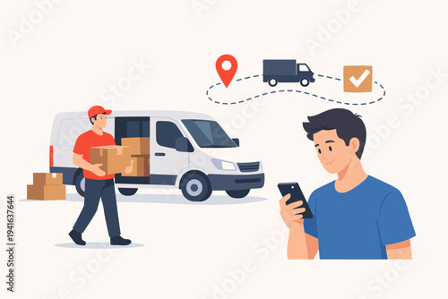 Vector illustration of a professional delivery man carrying a cardboard box from a white transport van while a customer tracks his order on a smartphone app, showcasing modern logistics services.