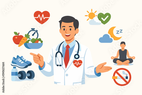 Male Doctor Cardiologist in White Coat with Stethoscope Giving Medical Advice for Healthy Lifestyle Habits Including Balanced Diet, Regular Exercise, Good Sleep, Meditation, and No Smoking.