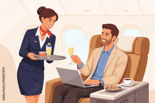Vector illustration of a flight attendant serving champagne and coffee to a passenger in a luxury first-class cabin. Businessman working on a laptop during a comfortable premium flight service.
