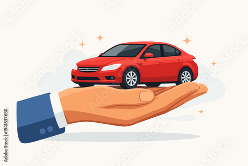 Flat Vector Illustration of a Businessman's Hand Holding a New Red Sedan Car, Concept for Automotive Sales, Vehicle Insurance, Car Rental Services, Dealership Offers, and Personal Transportation.