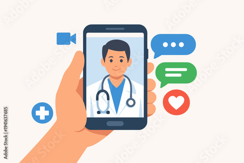 Hand holding a smartphone for online medical consultation with a doctor on screen, featuring chat bubbles, video call icon, and heart symbol, representing telemedicine and digital healthcare.