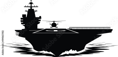 Aircraft carrier battleship with military helicopter landing on a flight deck