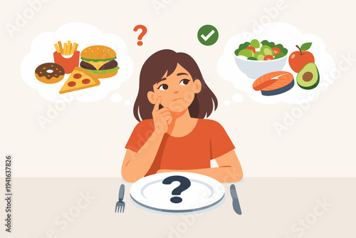 Illustration of a woman sitting at a table with an empty plate, contemplating a choice between healthy food like salad and salmon versus junk food like burgers and pizza for a balanced diet.