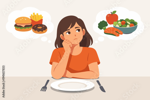Woman Sitting at a Table Thinking About Healthy vs Unhealthy Food Choices, Choosing Between Junk Food Like Burger and Fries or Nutritious Meal with Salad and Salmon, Flat Vector Illustration