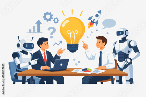 Businessmen and AI Robots Collaborating on Creative Business Ideas and Innovation Strategy in Modern Office, Flat Vector Illustration of Brainstorming Session with Lightbulb, Rocket, and Data Charts,
