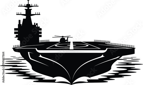 Aircraft carrier silhouette vector illustration, warship on water, military navy vessel, air force
