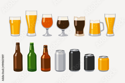 Vector Illustration of Various Beer Glassware, Bottles, and Cans Set. Flat Design Featuring Different Types of Beer Like Lager, Ale, and Stout in Pilsner, Mug, Tulip, Snifter, and Pint Glasses.