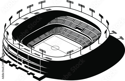Black silhouette of empty stadium with seats and floodlights on transparent background