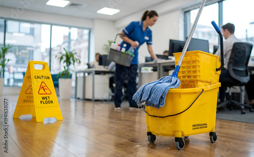 Yellow cleaning bucket, blue mop, caution wet floor sign and professional female cleaner at the office. Banner template for commercial cleaning service and work concept for business.