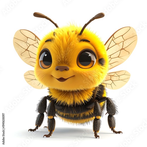 A fluffy, cartoonish bumblebee with big eyes and a sweet smile, isolated on white