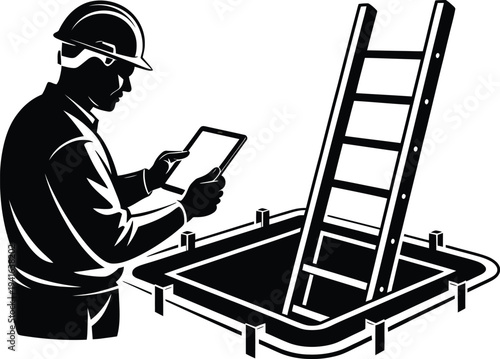 Construction worker silhouette using digital tablet inspecting underground hatch with a ladder