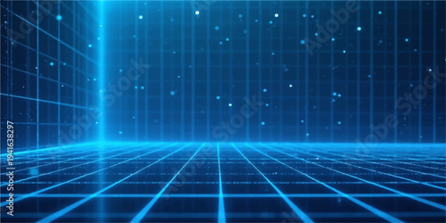 Digital Grid Abstraction: A futuristic digital space unfolds, defined by a vibrant blue grid, hinting at the vastness of the digital realm, technology and innovation. 