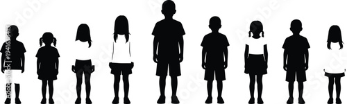 Group of children silhouette in a row, diverse young boys and girls standing, childhood growth concept, black and white vector, kids figures, school group.