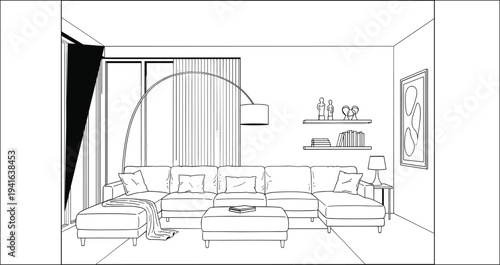 Black-and-white modern living room line drawing with sectional sofa, cushions, blanket, ottoman, floor lamp, shelves, window, and decor