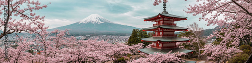 Iconic panoramic view of Chureito Pagoda and majestic Mount Fuji with a snow-capped peak, framed by vibrant pink cherry blossoms in full bloom during a serene spring day in Japan vector