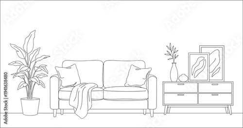 Black-and-white modern living room line drawing with sofa, cushions, blanket, potted plant, sideboard, framed artworks, and decorative vase