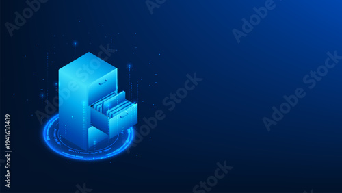Technology background featuring a document cabinet inside a digital circle interface, symbolizing document digitization, cloud storage, data management, and secure online file upload in modern digital