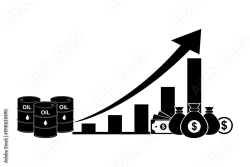 Oil barrel with bar chart rising trend and arrow, Oil prices are rising icon, for web and mobile app, isolated on a white background. Flat vector illustration