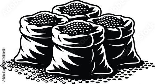 Group of open textile sacks filled with grain seeds on transparent background vector illustration