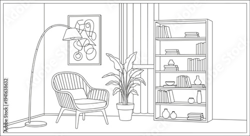 Modern interior living room illustration with armchair, floor lamp, abstract artwork, potted plant, window blinds, and tall bookshelf decor