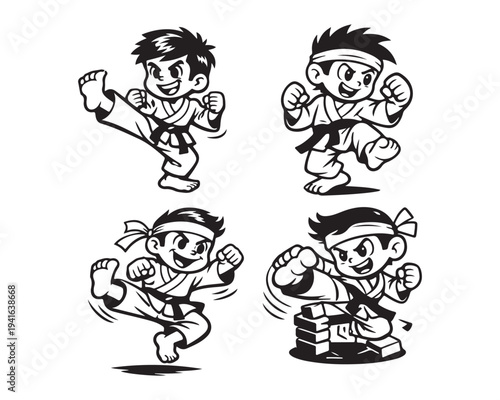 Cartoon kids in karate poses with dynamic movements and expressions