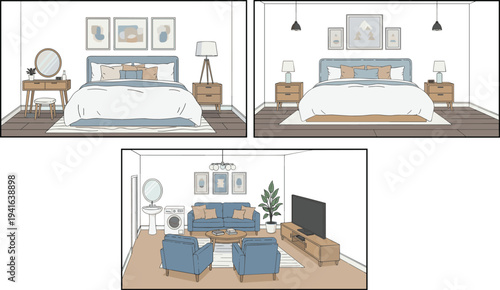 Stylized three-room interior illustration featuring bedrooms with modern furniture, vanity, artworks, and living room with sofa, TV, and decor