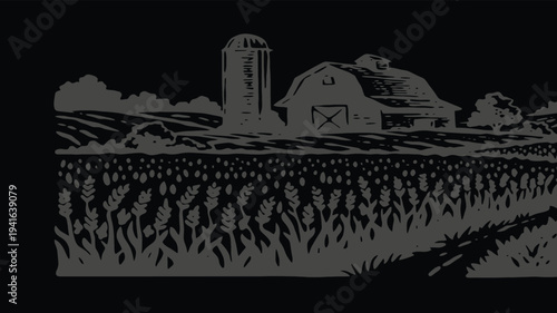 Rural landscape with farm buildings and barn overlooking wheat field under dark evening sky art