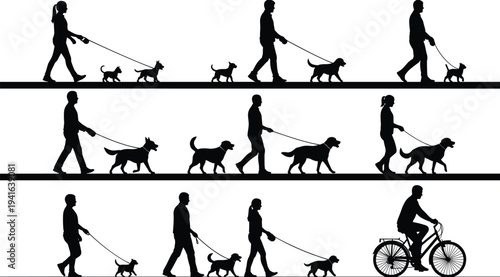 People walking dogs silhouettes collection with men and women pet owners strolling with puppies and dogs isolated vector illustration set