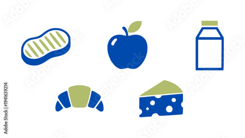 Simple breakfast icons including apple, milk carton, croissant, cheese, and peanut.