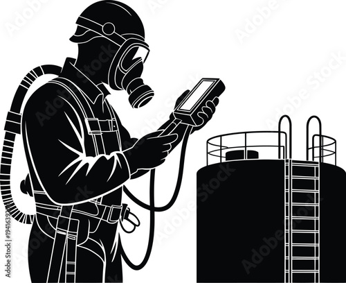 Safety inspector silhouette wearing full protective hazmat suit using digital tablet at plant