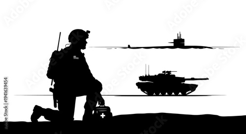 Military Soldier with First Aid Kit, Tank, and Submarine Silhouette