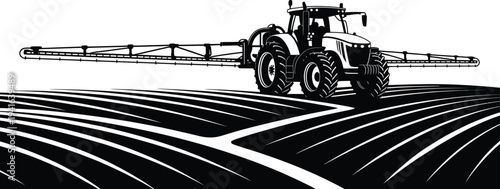Tractor with sprayer boom, stylized farm equipment, agricultural field, planting season, modern farming technology