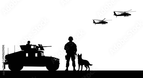 Military Soldier, Guard Dog, Humvee, and Helicopters Silhouette Against White Sky