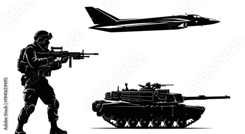 Military Soldier, Fighter Jet, and Tank Silhouette: Modern Warfare and Defense Concept