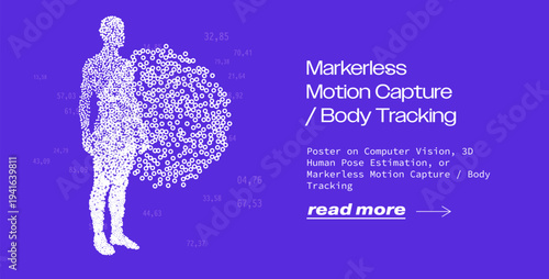 Purple vector art of particle human figure with numbers on purple backdrop, white text on motion capture. Conceptual vector illustration for computer vision and pose estimation themes.