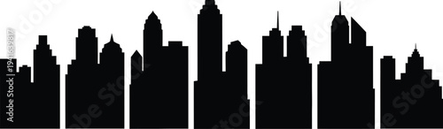 Collection of seven modern skyscraper silhouettes, black vector icons of urban architectural landmarks isolated on white.