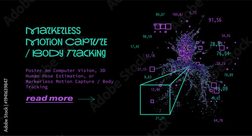 Cyan-purple vector art of particle human cluster with lines, squares, numbers on black, text on motion capture. Conceptual vector illustration for pose estimation and tech simulation themes.