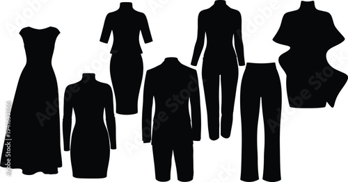 Collection of seven modern women's apparel silhouettes, black vector icons of cocktail dresses, business suits, and formal outfits isolated on white.