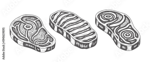 Three Raw Beef Steaks in Style White meat food