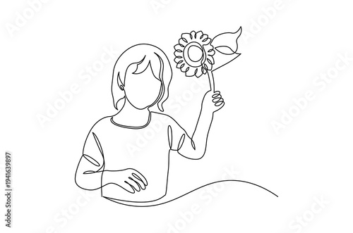 Continuous one line drawing of little baby girl blowing on a flower. Single line drawing illustration of Girl with a bouquet of flower. Spring time concept vector art. Doodle line illustration.