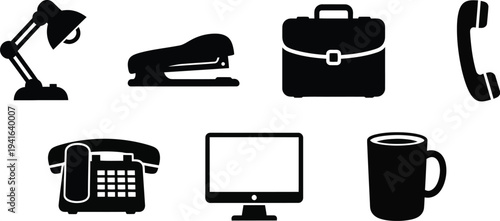 Collection of seven office stationery icons, black vector silhouettes of a calculator, stapler, binder clip, and scissors isolated on white.