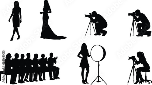 Photography Studio Silhouette Collection with Photographer, Fashion Model, Lighting Equipment and Audience Watching Photoshoot Vector Illustration Set